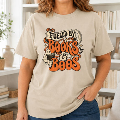 Fueled By Books & Boos Printed T-Shirt | Halloween Book Lover Gift Sand