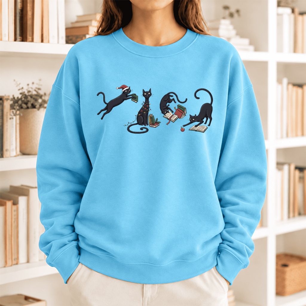 Christmas Reading Cats Softstyle Sweatshirt | Christmas Book Lover Gift Sky