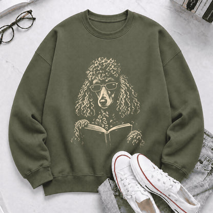 Poodle Reading Book Crewneck Sweatshirt | Reader Gift Military Green