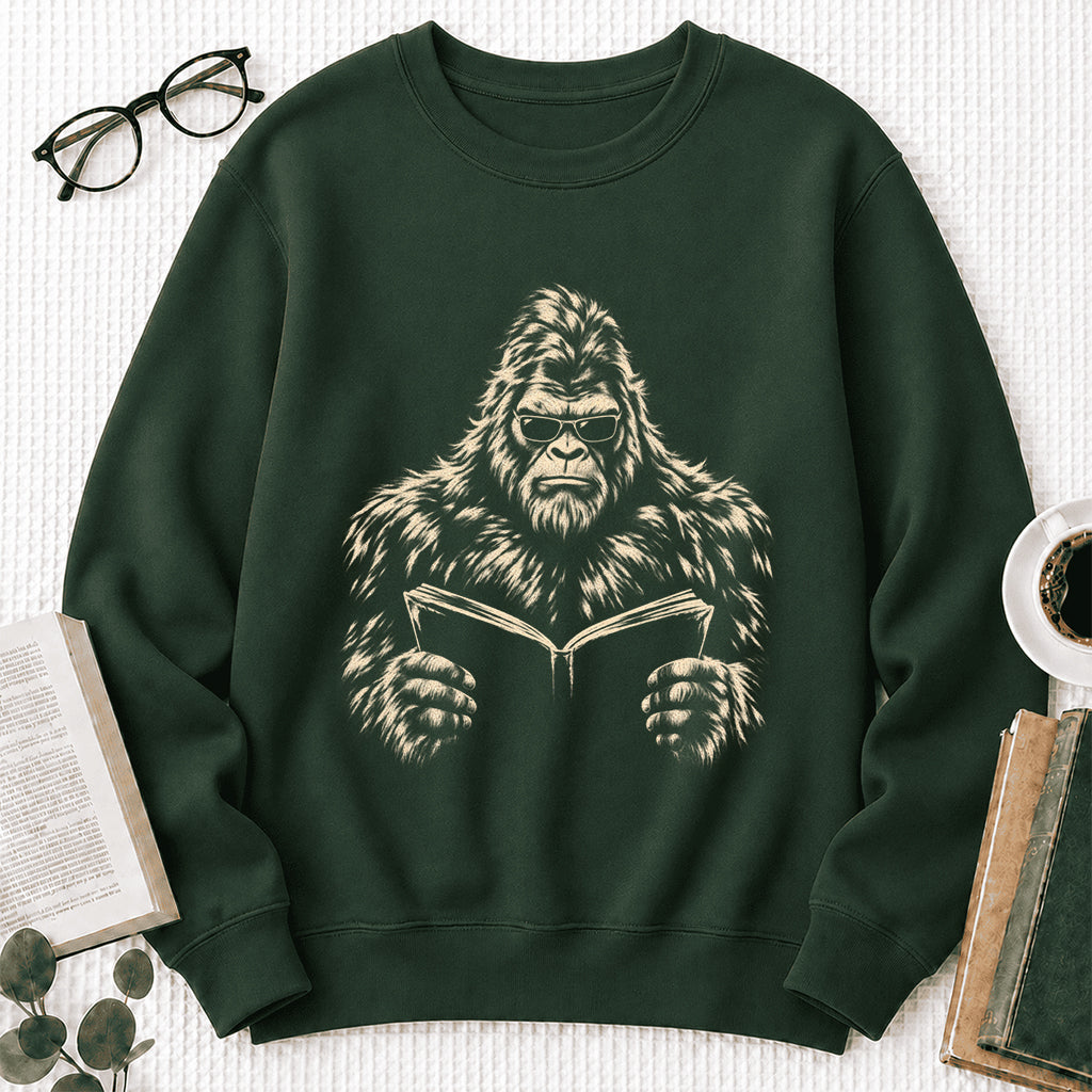 Big Foot Reading Book Crewneck Sweatshirt | Reader Gift Forest Green