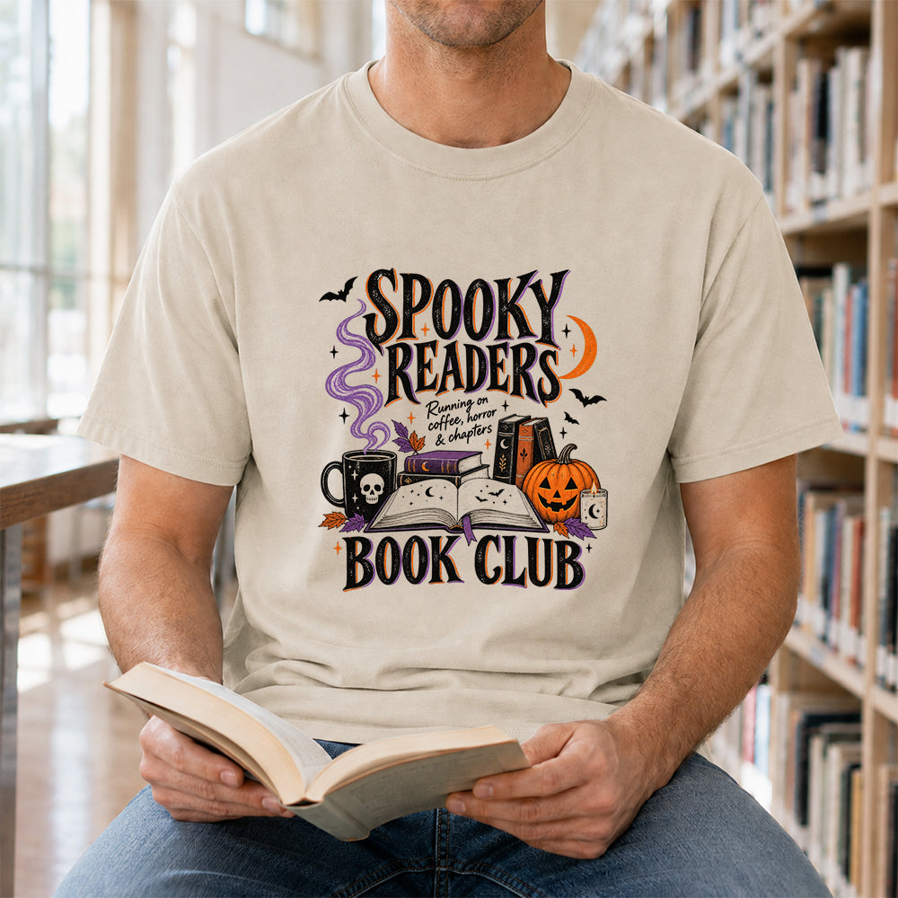 Spooky Readers Book Club Printed T-Shirt | Halloween Book Lover Gift Sand