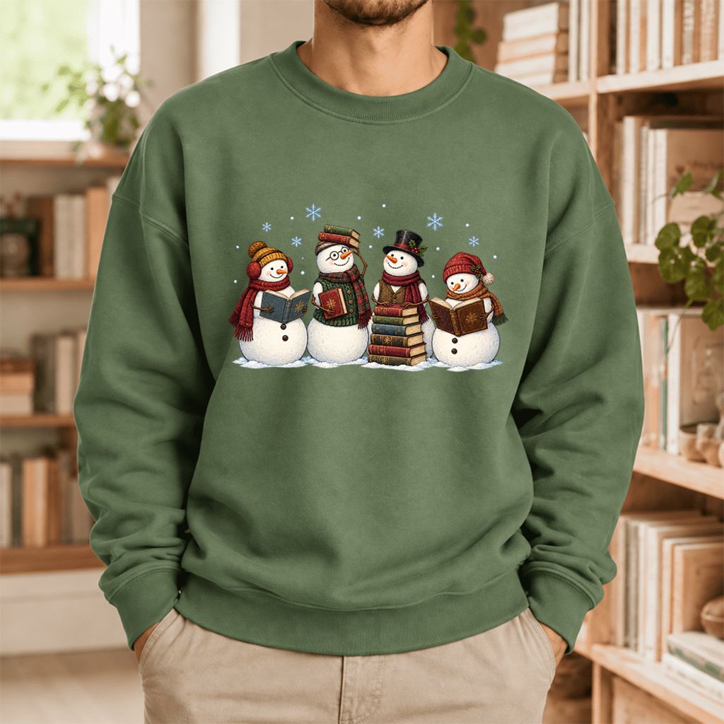 Bookish Snowman Club Softstyle Sweatshirt | Christmas Book Lover Gift Military Green