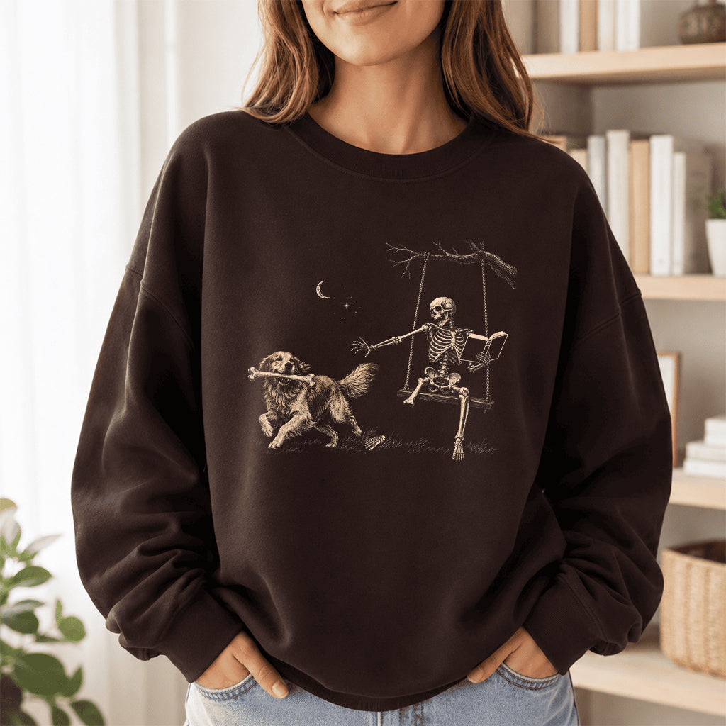 Funny Reading Book With Golden Retriever Printed Sweatshirt | Halloween Dog Lover & Reader Gift Dark Chocolate