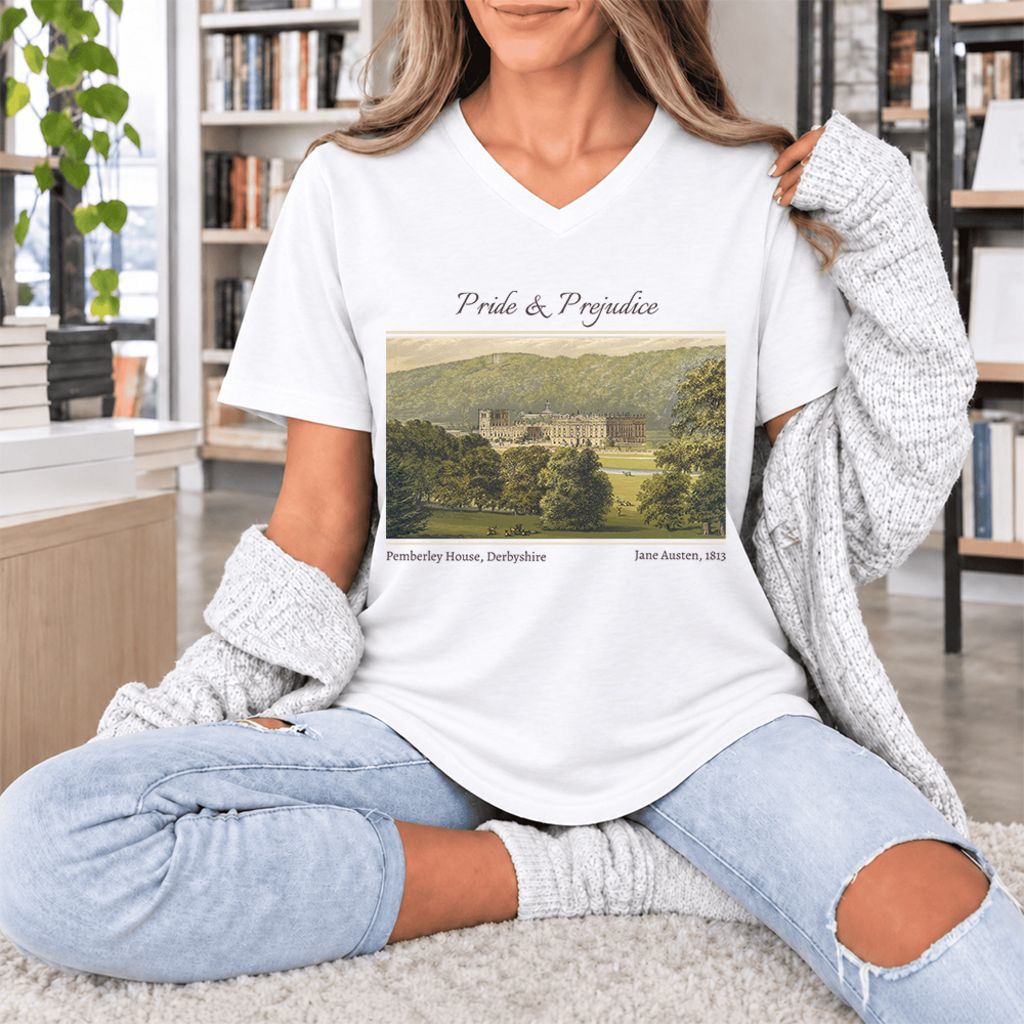 Pemberley House Pride And Prejudice Ultra-Soft V-Neck | Classic Literature Reader Gift White
