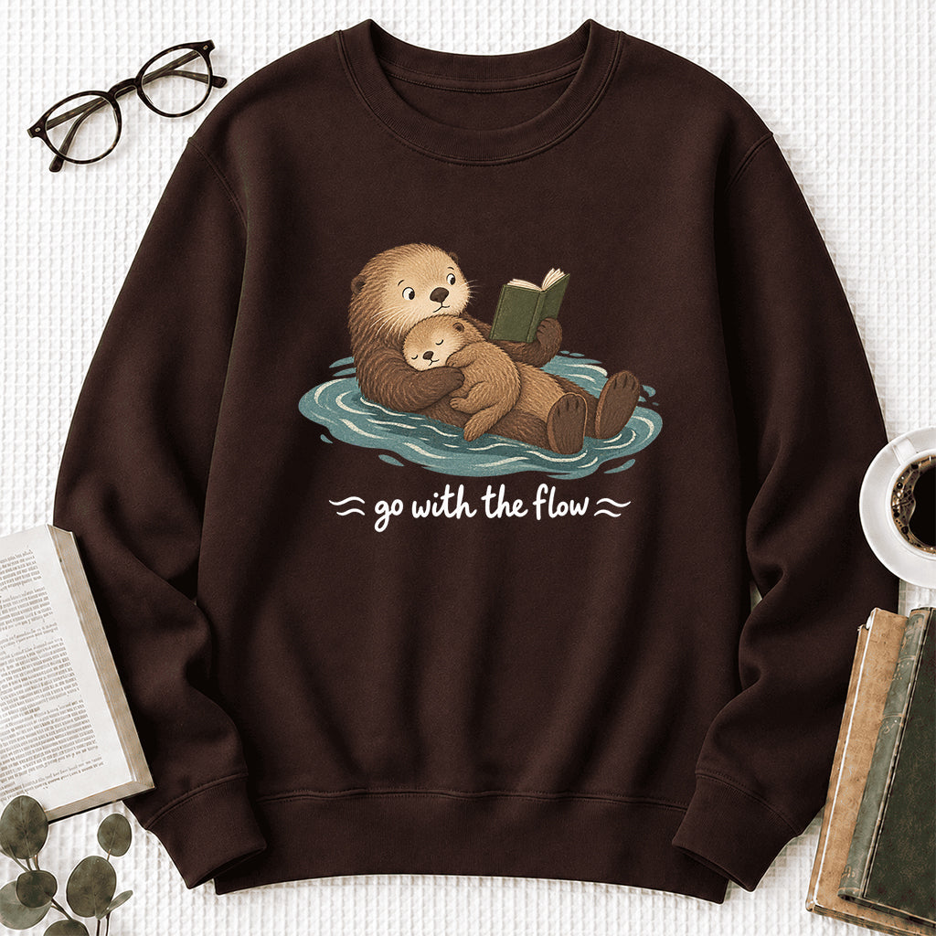 Go With The Flow Otter Reading Crewneck Sweatshirt | Reader Gift Dark Chocolate