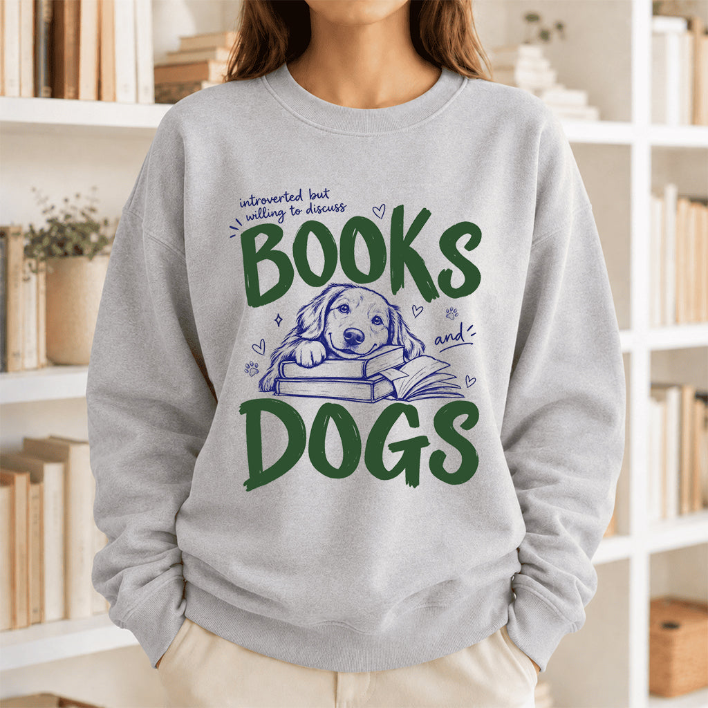 Introverted But Willing To Discuss Books And Dogs Crewneck Sweatshirt | Dog Lover & Reader Gift Sport Grey