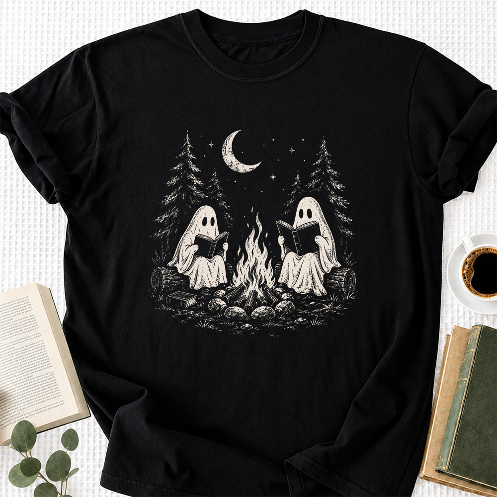 Camping Reading Ghosts Printed T-Shirt | Spooky Book Lover Gift Black