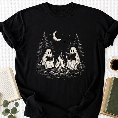 Camping Reading Ghosts Printed T-Shirt | Spooky Book Lover Gift Black