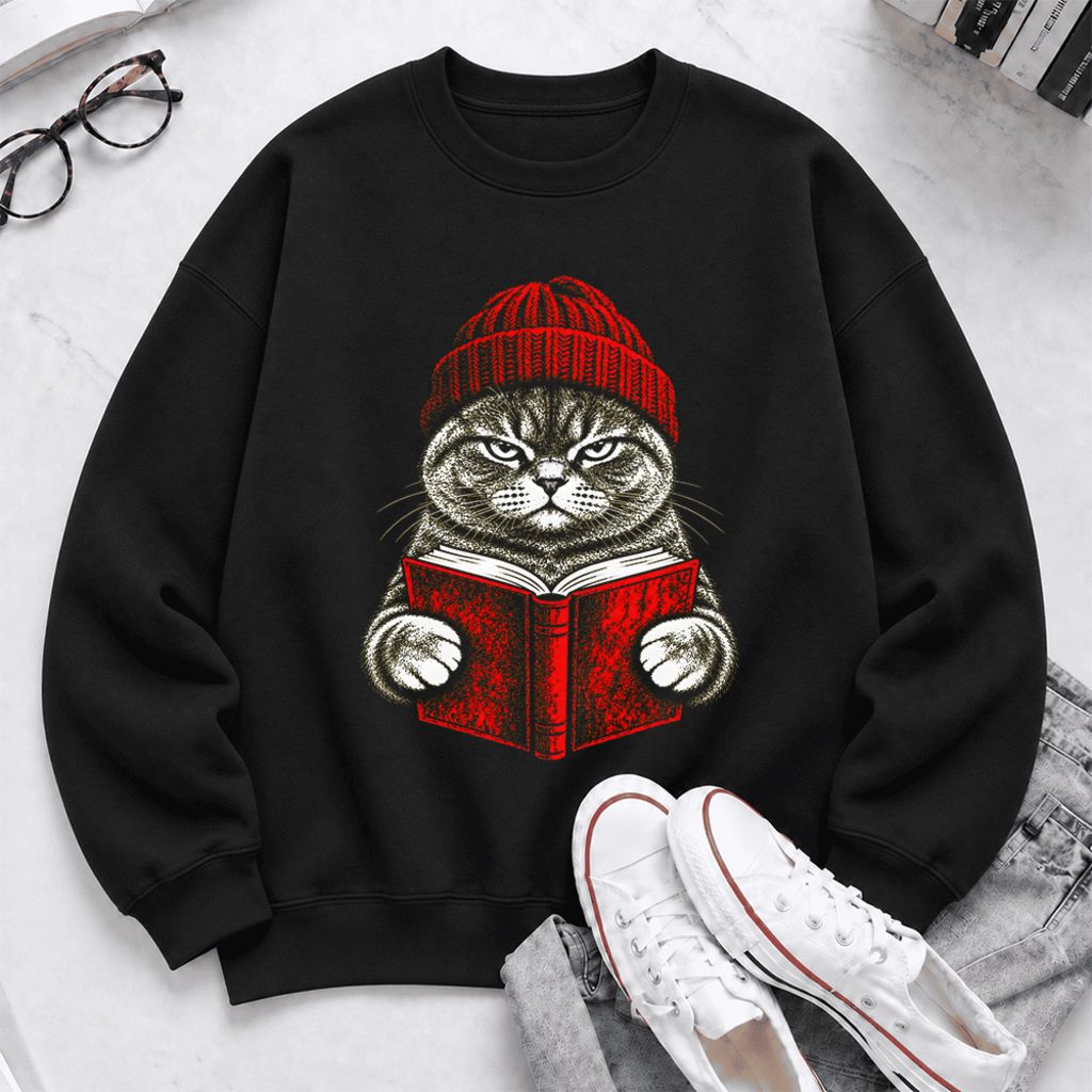 Vintage Reading Cat British Shorthair Softstyle Sweatshirt | Christmas Gift Black