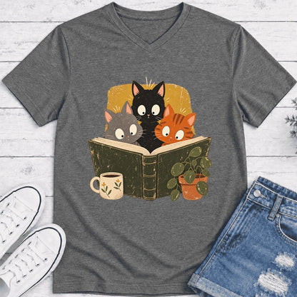 Curious Reading Cats Ultra-Soft V-Neck | Cat Lover Reader Gift Deep Heather