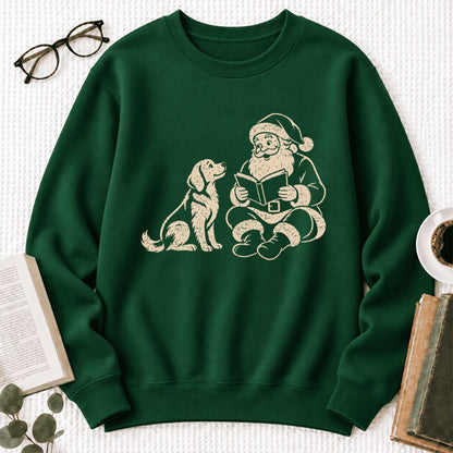 Funny Dog With Reading Santa Softstyle Sweatshirt | Christmas Book Lover Gift Forest Green