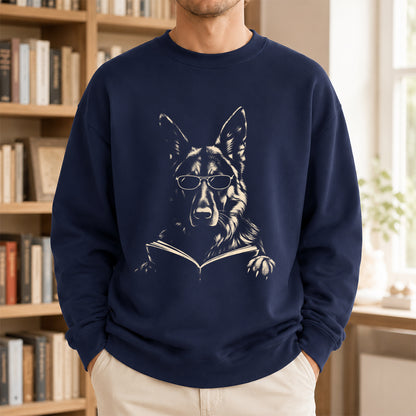 German Shepherd Reading Book Crewneck Sweatshirt | Reader Gift Navy