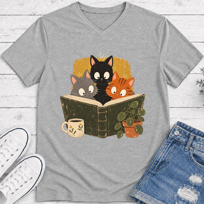 Curious Reading Cats Ultra-Soft V-Neck | Cat Lover Reader Gift Athletic Heather