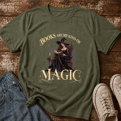 Books Are My Kind Of Magic Printed T-Shirt | Halloween Feminine Magic Reader Gift Military Green