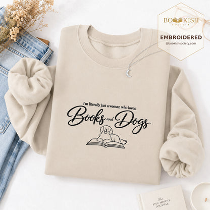 Just A Woman Who Loves Books And Dogs Embroidered Sweatshirt | Dog Lover & Reader Gift Sand