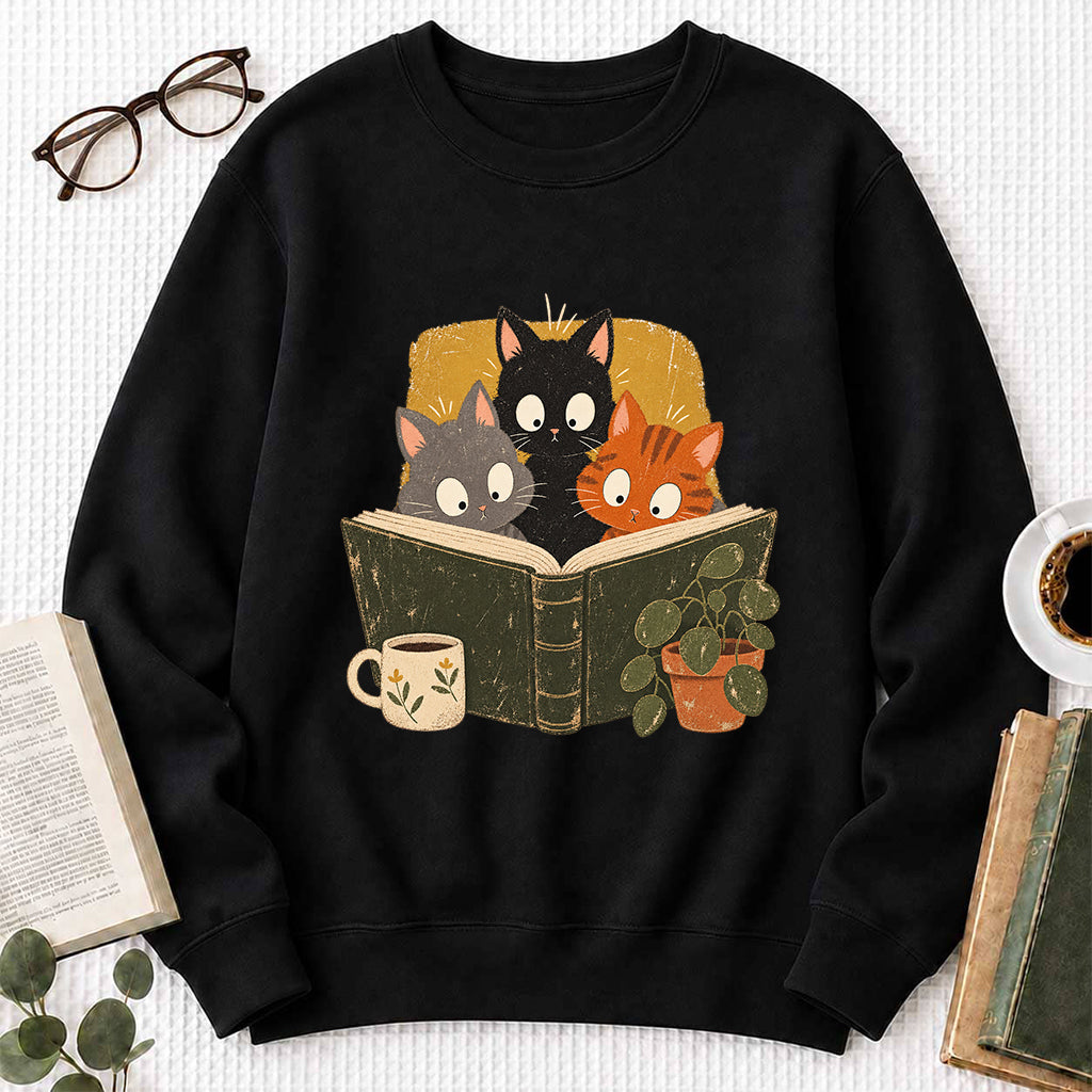 Minimal Japanese Cats Reading Crewneck Sweatshirt | Reader Gift Black