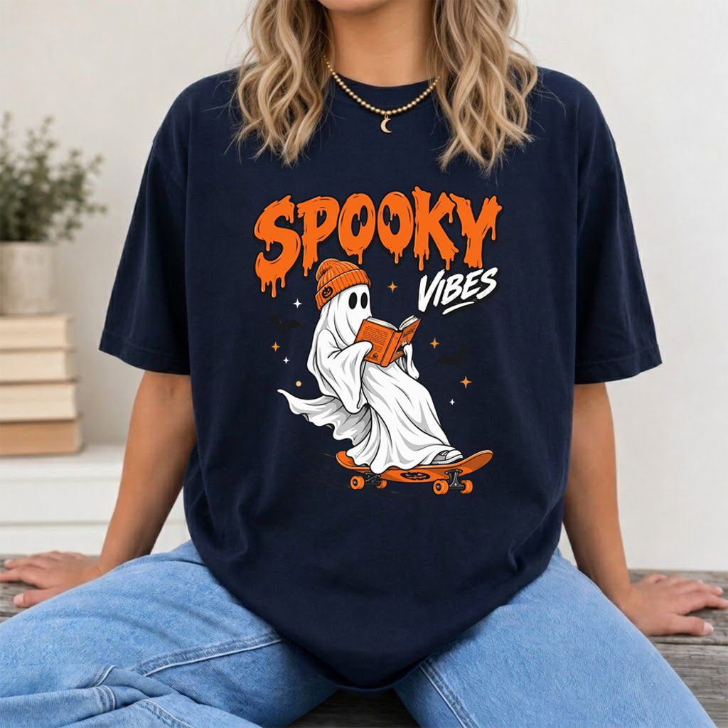 Spooky Vibes Printed T-Shirt | Halloween Book Lover Gift Navy