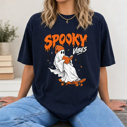 Spooky Vibes Printed T-Shirt | Halloween Book Lover Gift Navy