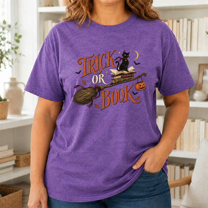 Trick Or Book Black Cat Printed T-Shirt | Halloween Book Lover Gift Heather Purple