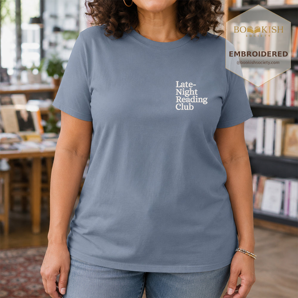 Late Night Reading Club Embroidered Comfort Color® T-shirt | Book Lover Gift Blue Jean