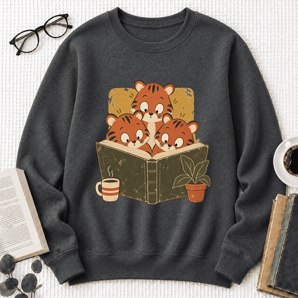 Minimal Japanese Tigers Reading Crewneck Sweatshirt | Reader Gift Dark Heather