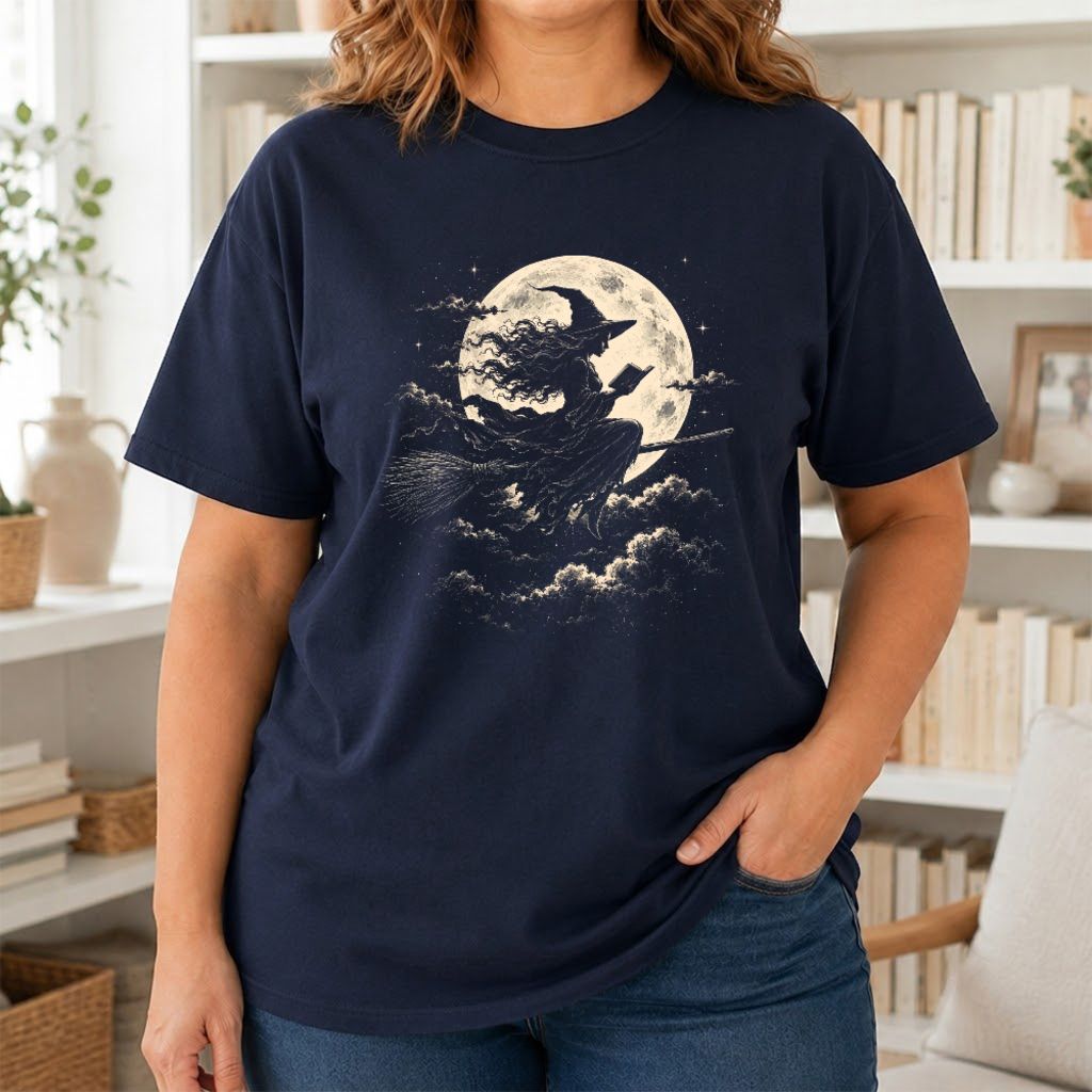 Reading Witch On The Flying Broom Printed T-Shirt | Halloween Book Lover Gift Navy