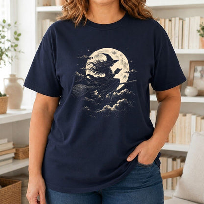 Reading Witch On The Flying Broom Printed T-Shirt | Halloween Book Lover Gift Navy