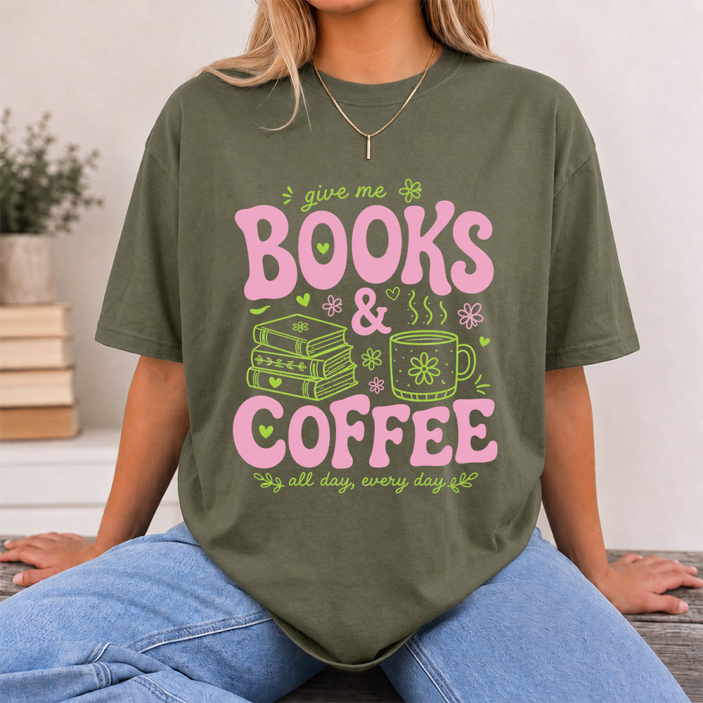 Books and Coffee Softstyle T-Shirt | Book Lover Gift Military Green