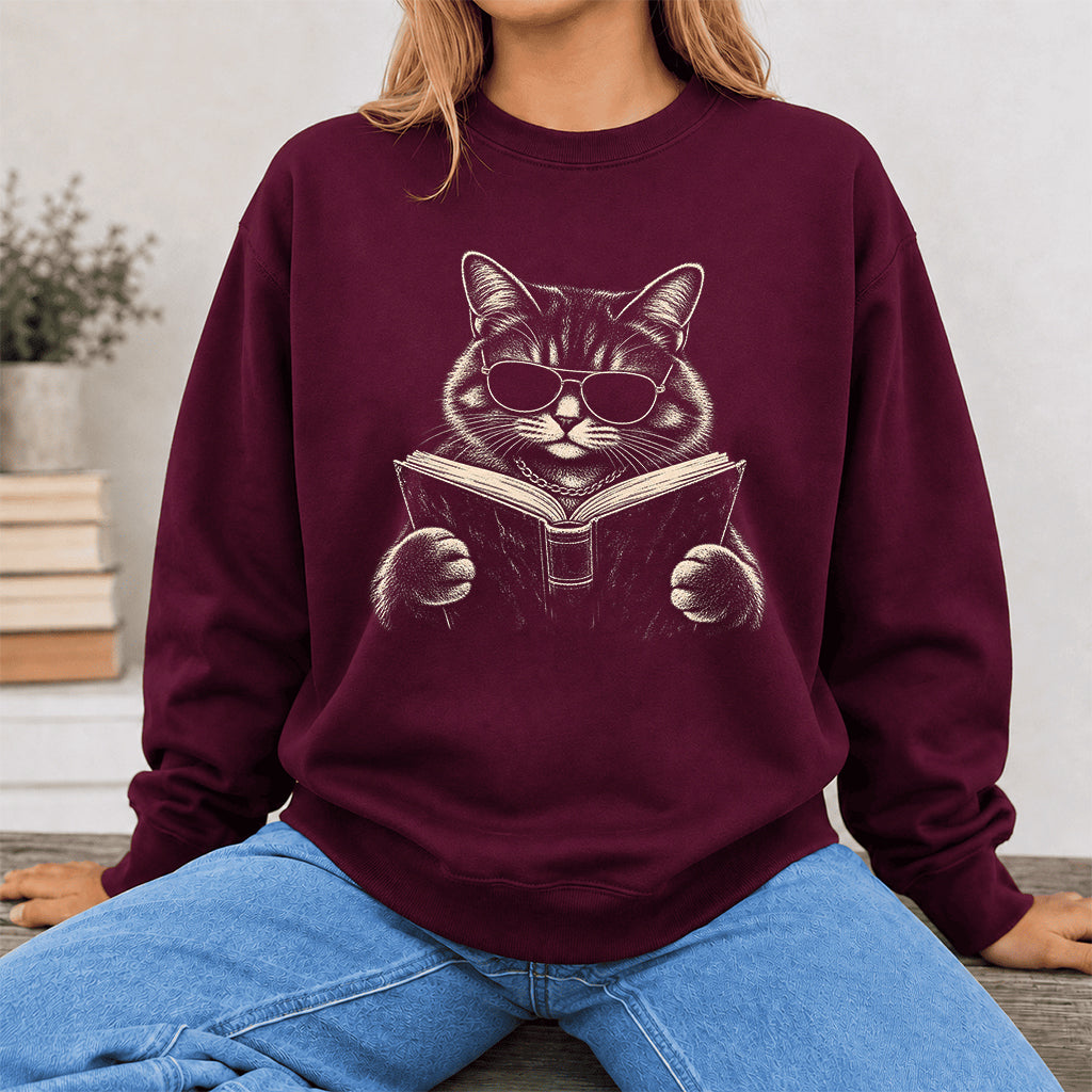 Cat Reading Book Crewneck Sweatshirt | Reader Gift Maroon