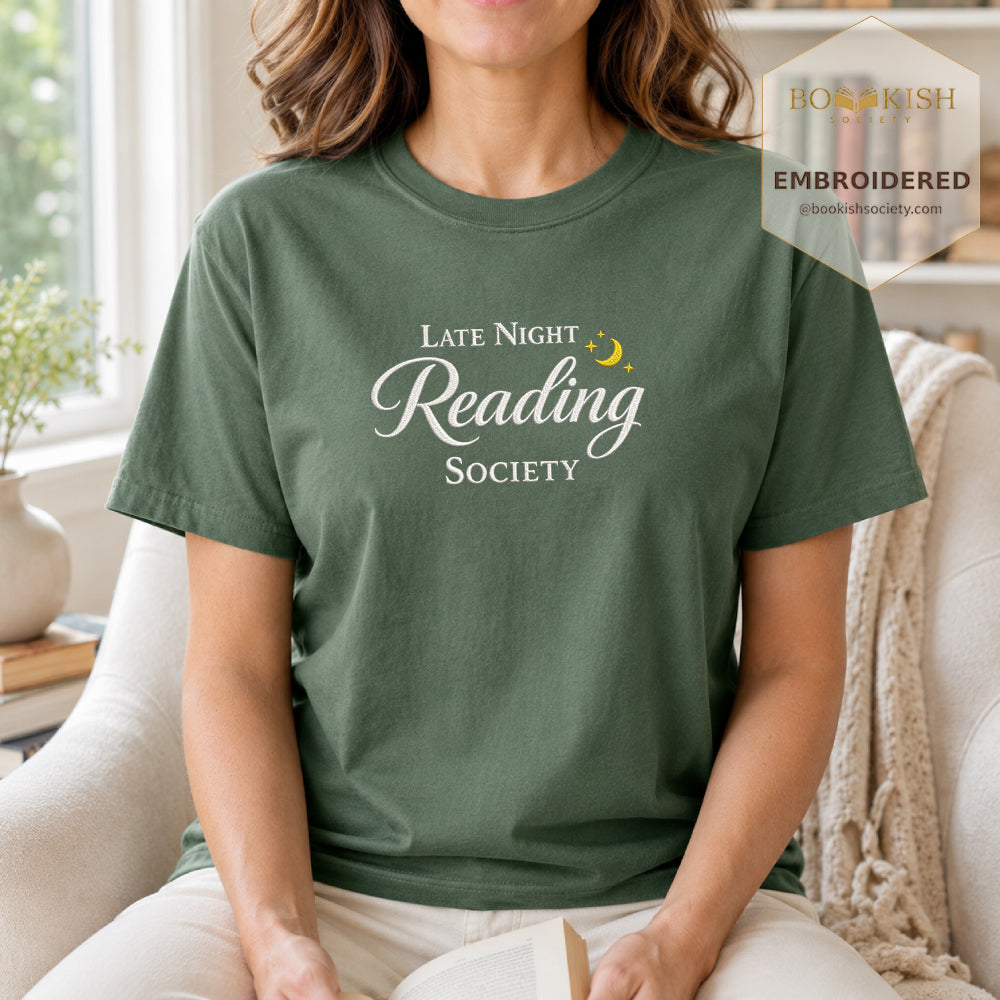 Late Night Reading Society Embroidered Comfort Color® T-shirt | Book Lover Gift Moss
