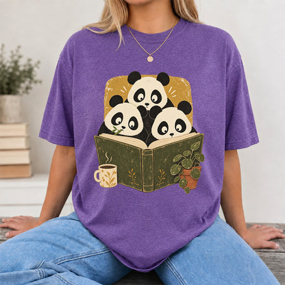 Minimal Japanese Pandas Reading Softstyle T-Shirt | Book Lover Gift Heather Purple
