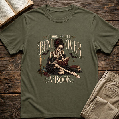 I Look Better Bent Over A Book Printed T-Shirt | Halloween Smut Book Lover Gift Military Green