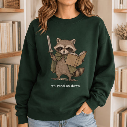 Raccoon We Read At Dawn Crewneck Sweatshirt | Reader Gift Forest Green