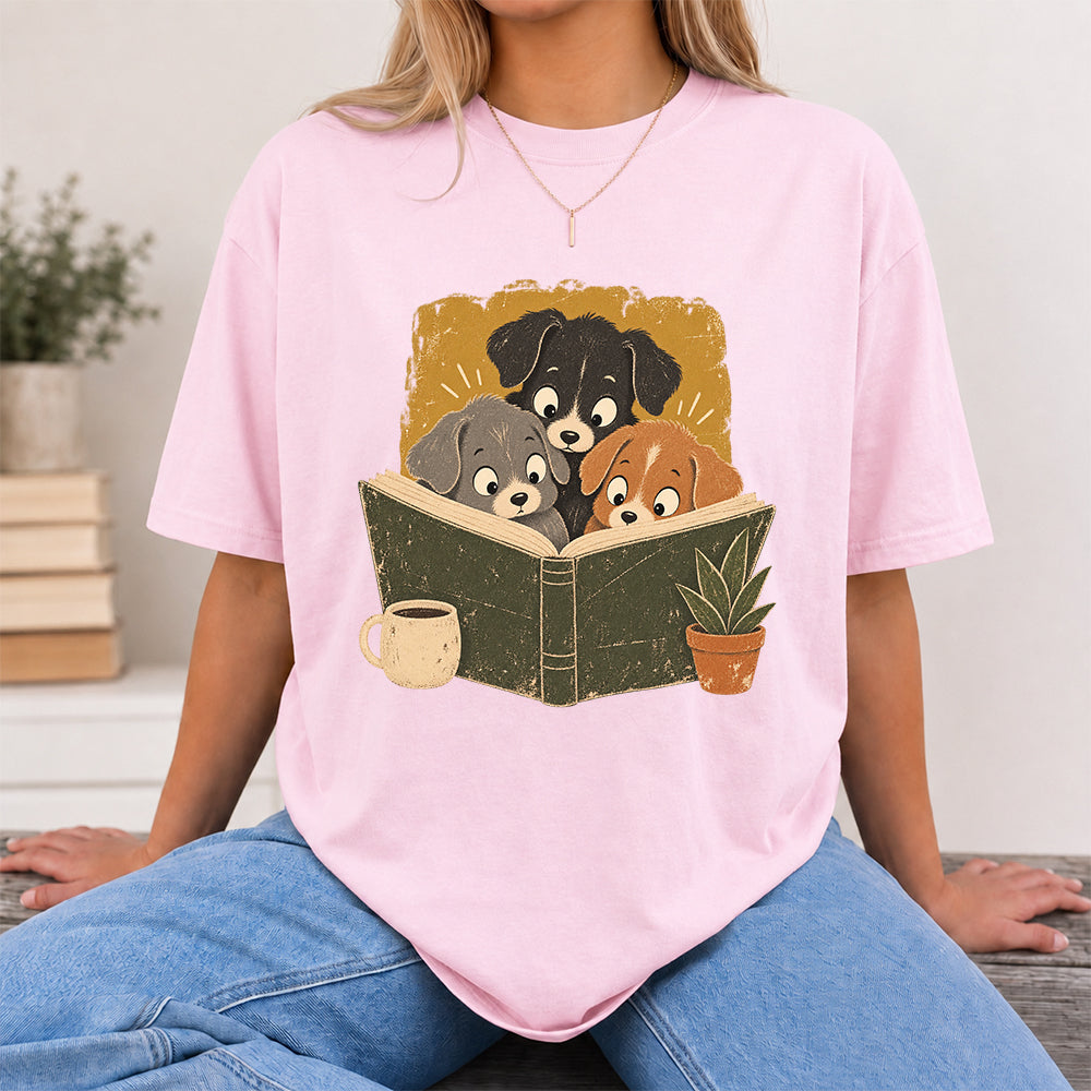 Minimal Japanese Dogs Reading Softstyle T-Shirt | Book Lover Gift Light Pink