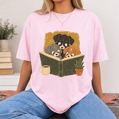 Minimal Japanese Dogs Reading Softstyle T-Shirt | Book Lover Gift Light Pink