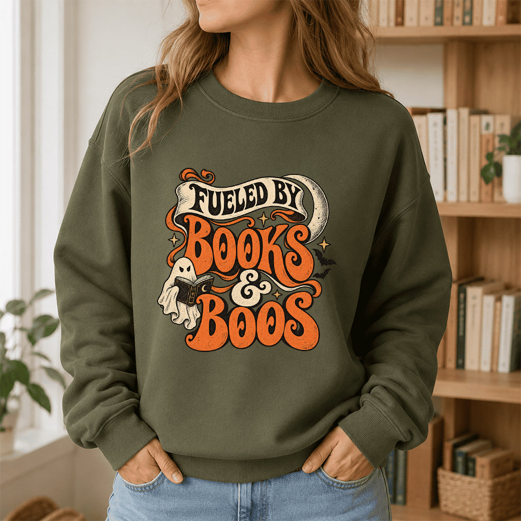 Fueled By Books & Boos Printed Sweatshirt | Halloween Book Lover Gift Military Green