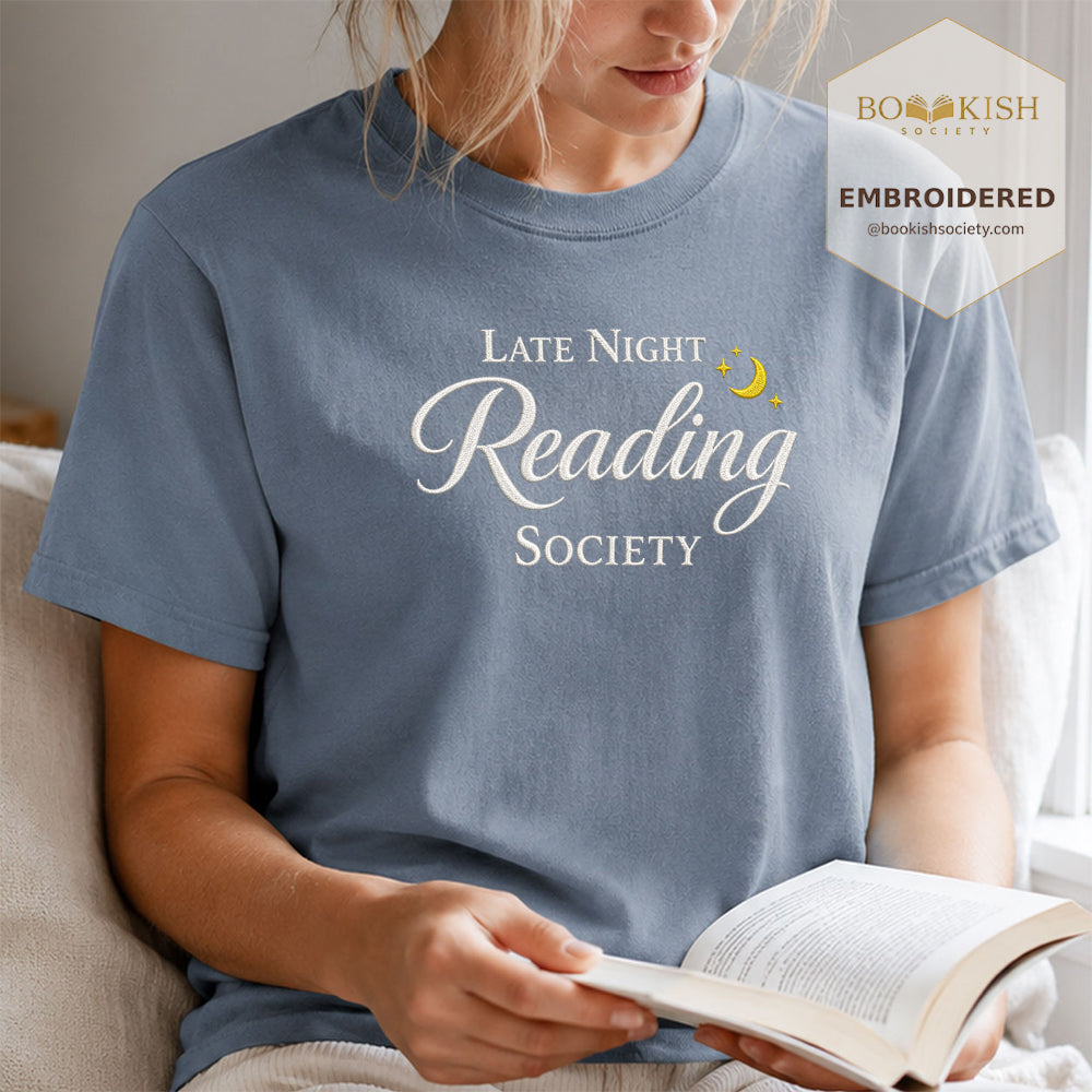 Late Night Reading Society Embroidered Comfort Color® T-shirt | Book Lover Gift Blue Jean