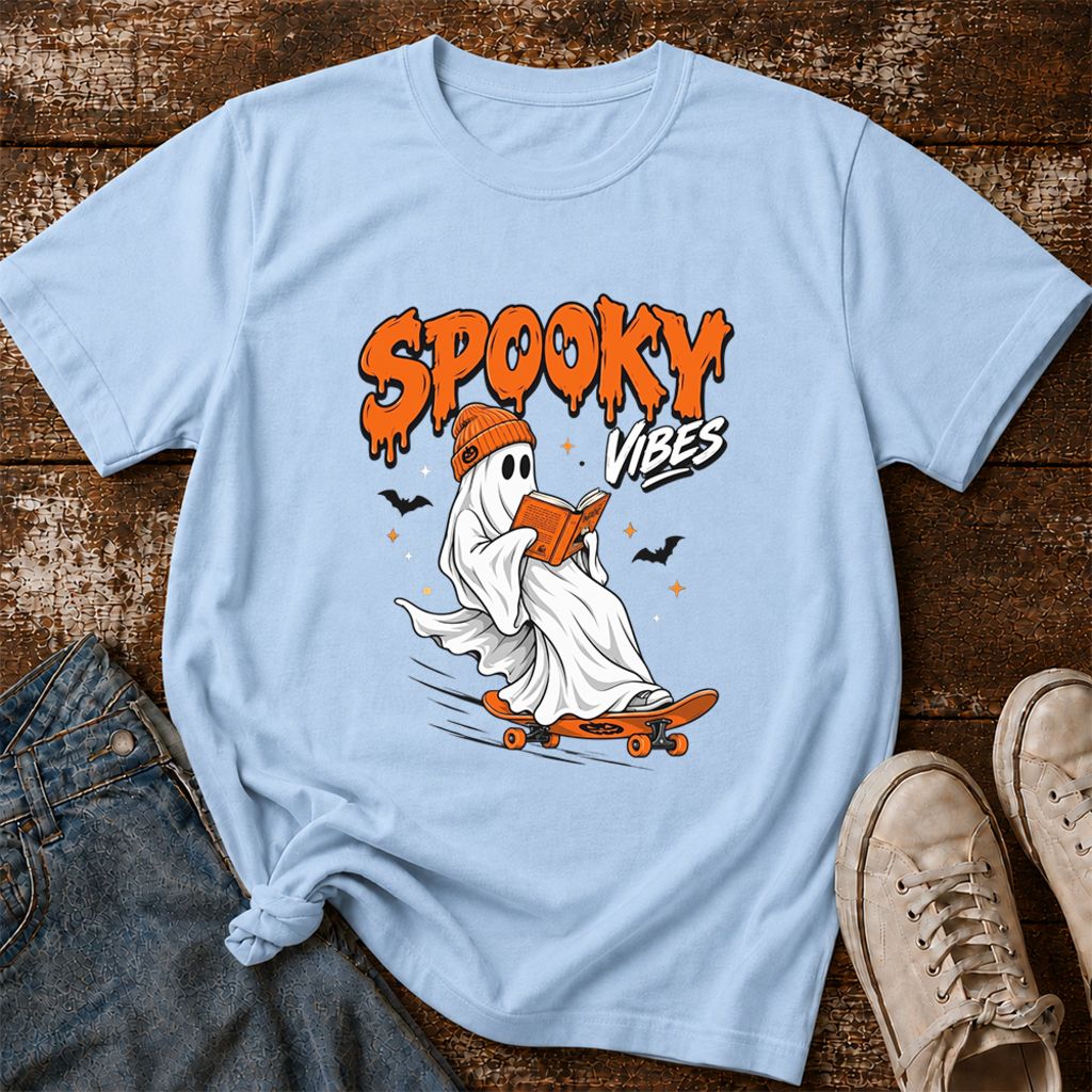 Spooky Vibes Printed T-Shirt | Halloween Book Lover Gift Light Blue
