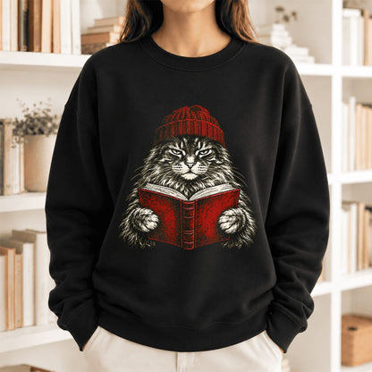 Vintage Reading Cat Maine Coon Softstyle Sweatshirt | Christmas Book Lover Gift Black