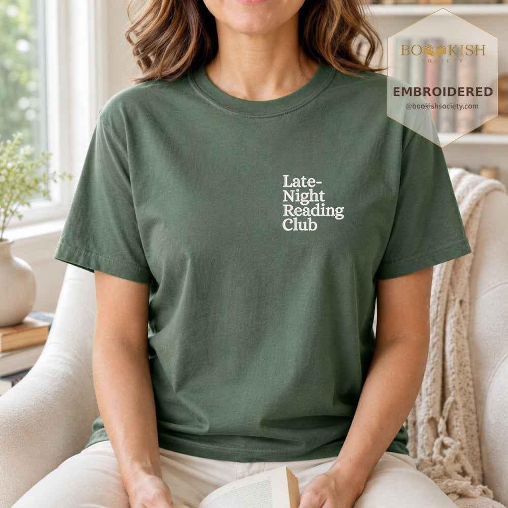 Late Night Reading Club Embroidered Comfort Color® T-shirt | Book Lover Gift Moss