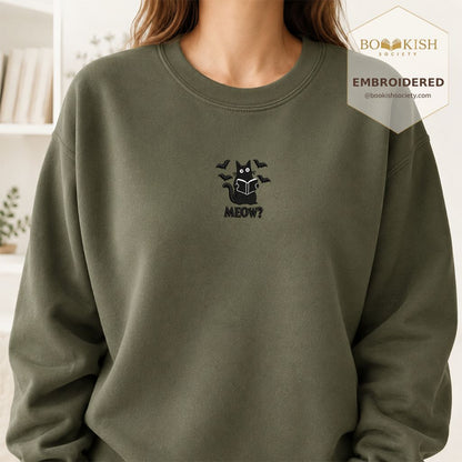 Halloween Meow Embroidered Sweatshirt | Spooky Book Lover Gift Military Green