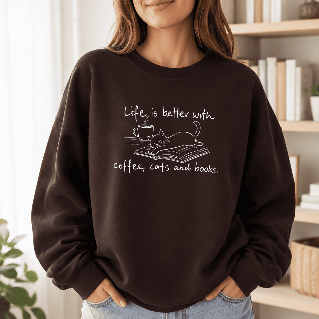 Funny Cats and Books Crewneck Sweatshirt | Reader Gift Dark Chocolate