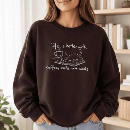 Funny Cats and Books Crewneck Sweatshirt | Reader Gift Dark Chocolate