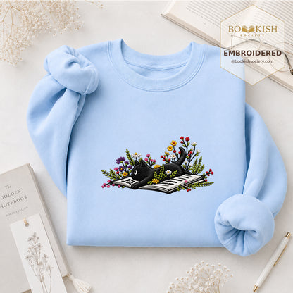 Cat and Book Embroidered Sweatshirt | Reader Gift Light Blue