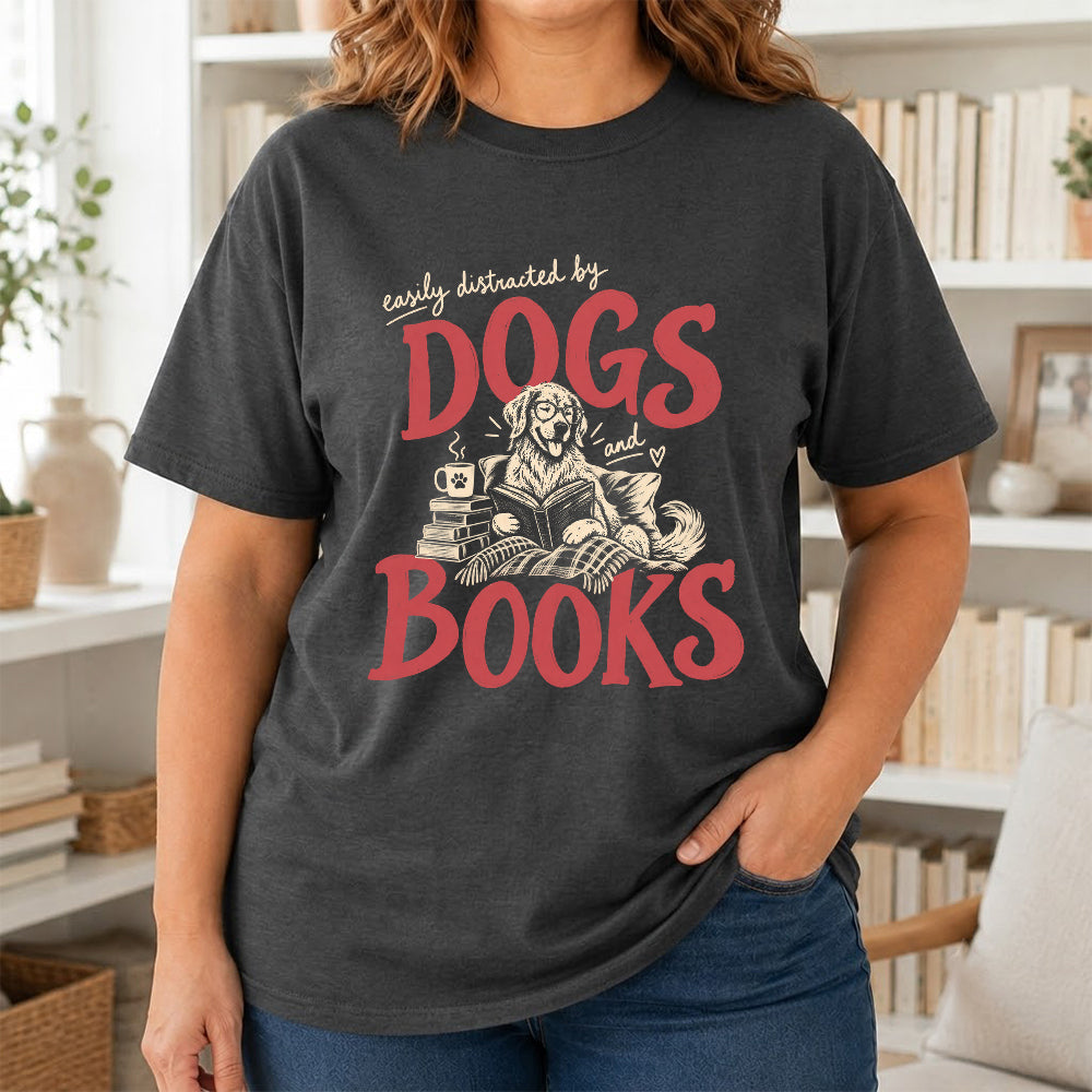 Easily Distracted By Dogs And Books Softstyle T-Shirt | Book Lover Gift Dark Heather
