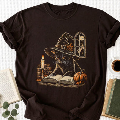 Reading Black Cat Witch Printed T-Shirt | Halloween Book Lover Gift Dark Chocolate