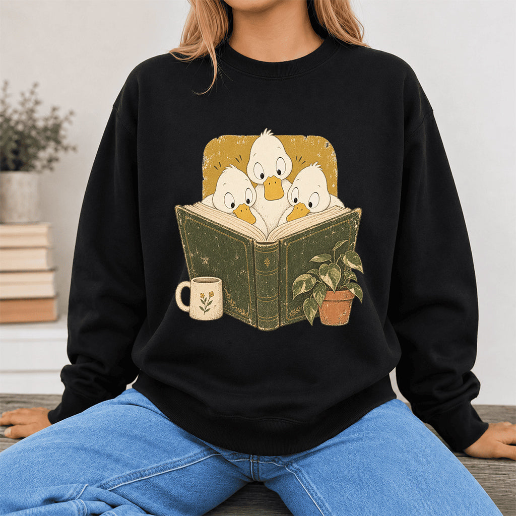 Minimal Japanese Ducks Reading Crewneck Sweatshirt | Reader Gift Black