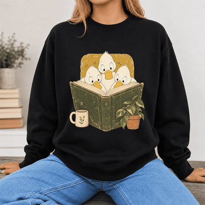 Minimal Japanese Ducks Reading Crewneck Sweatshirt | Reader Gift Black