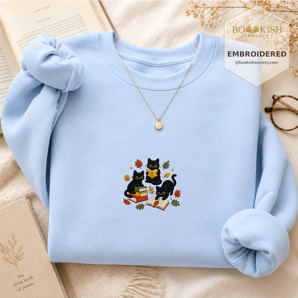 Cat Catching Leaves Embroidered Sweatshirt | Reader Gift Light Blue