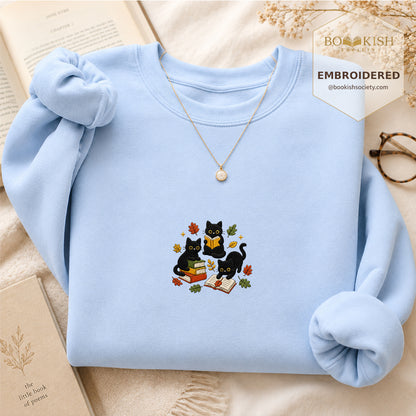 Cat Catching Leaves Embroidered Sweatshirt | Reader Gift Light Blue